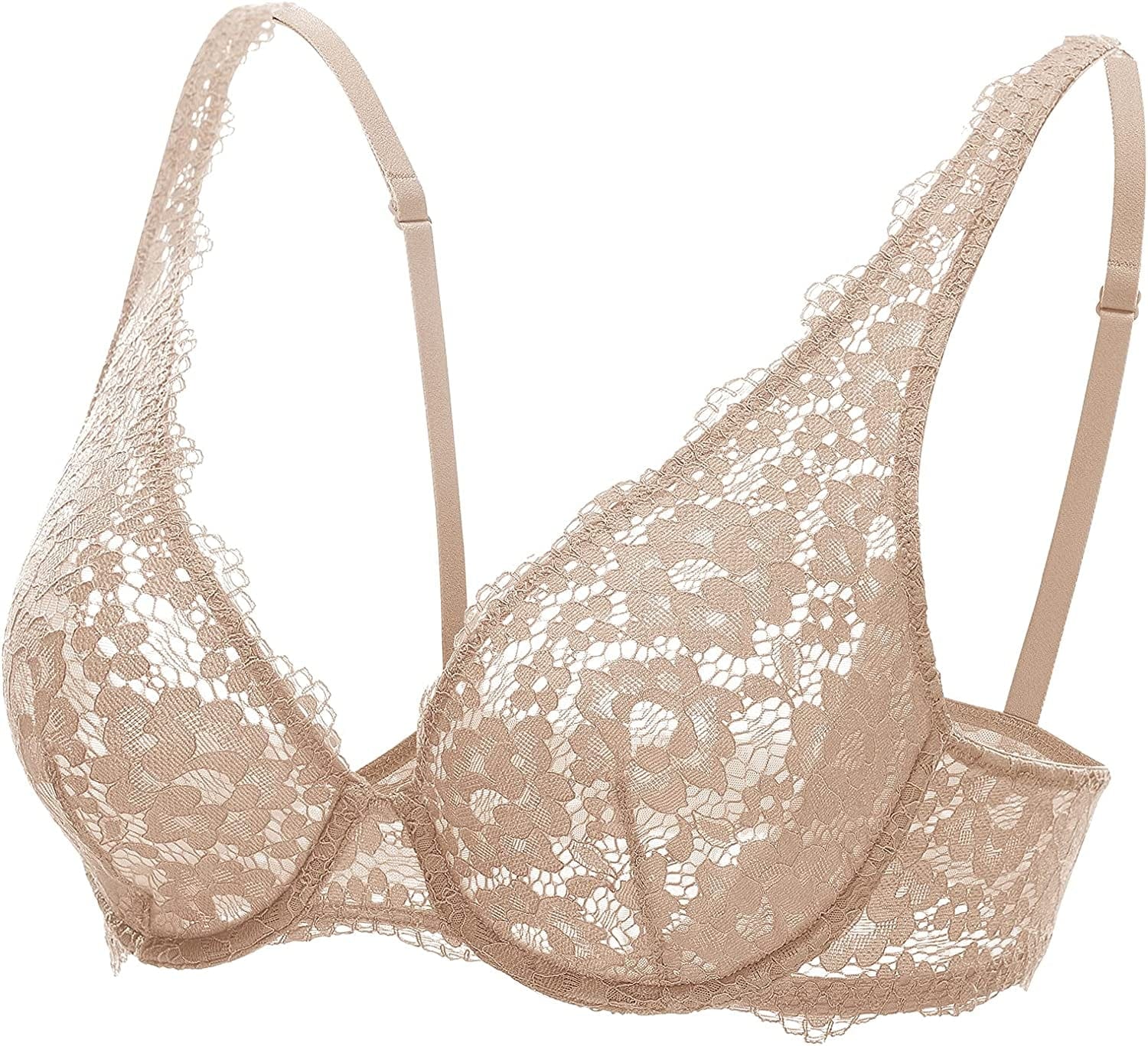 DOBREVA Women'S Lace Unlined Plunge Bra Underwire Bralette plus Size Sheer Full Coverage Bras Beige / 34A