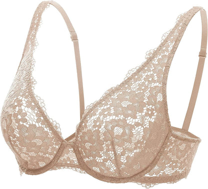 DOBREVA Women'S Lace Unlined Plunge Bra Underwire Bralette plus Size Sheer Full Coverage Bras Beige / 34A