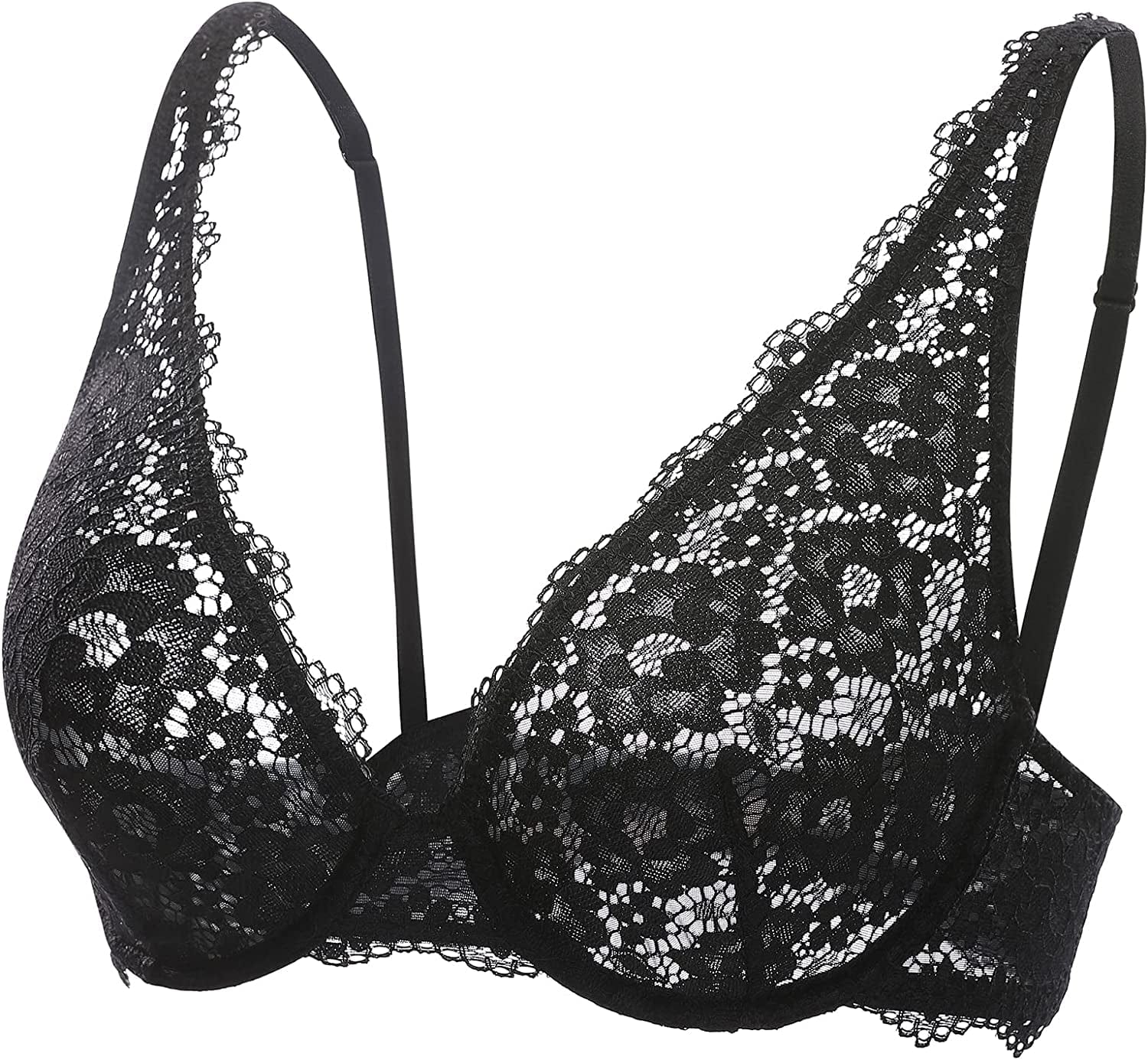 DOBREVA Women'S Lace Unlined Plunge Bra Underwire Bralette plus Size Sheer Full Coverage Bras Black / 34DD