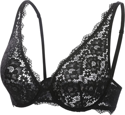 DOBREVA Women'S Lace Unlined Plunge Bra Underwire Bralette plus Size Sheer Full Coverage Bras Black / 34DD