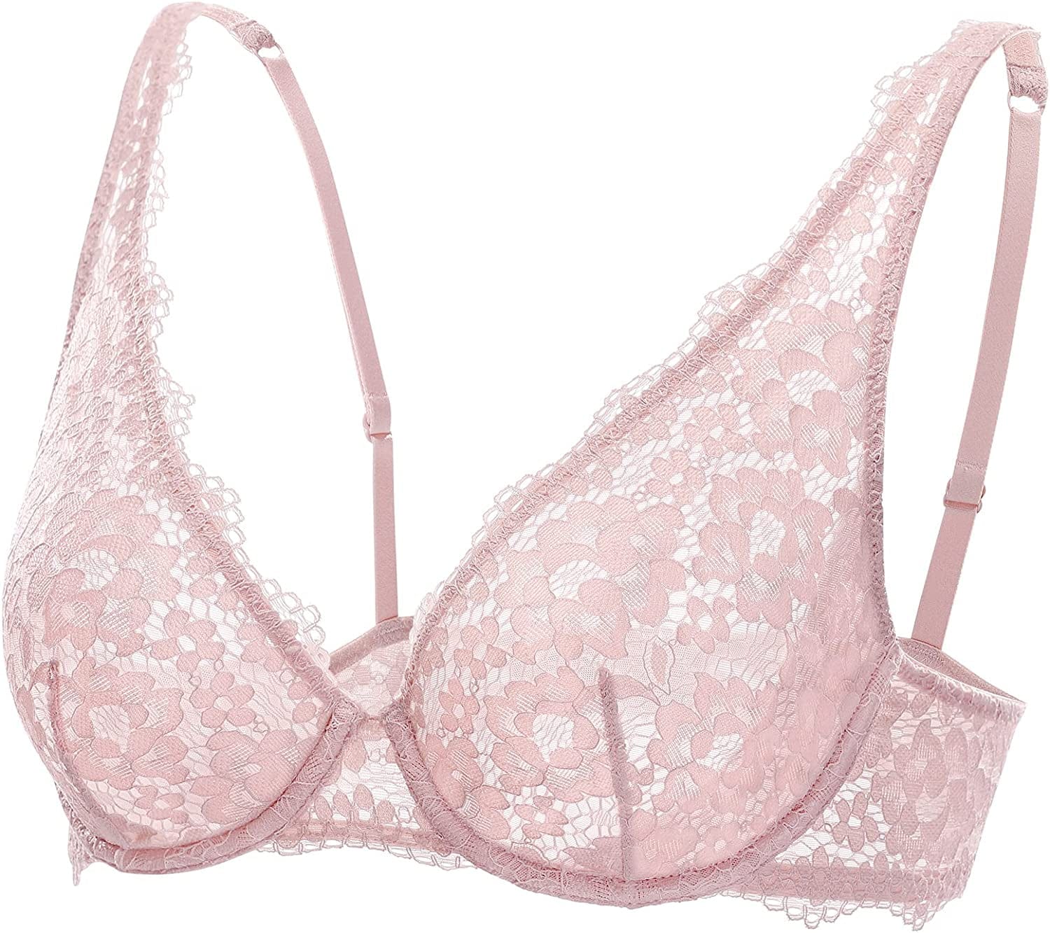 DOBREVA Women'S Lace Unlined Plunge Bra Underwire Bralette plus Size Sheer Full Coverage Bras Gentle Rose / 32D
