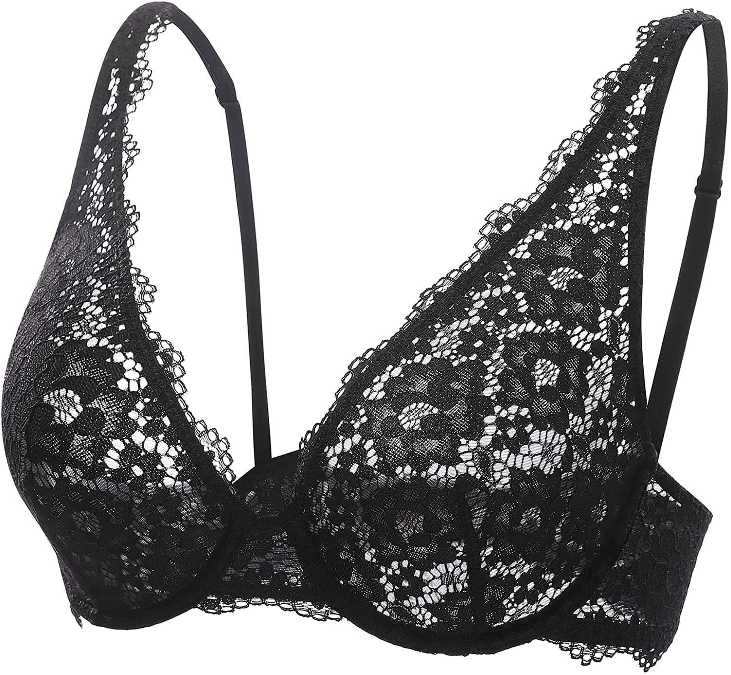 DOBREVA Women'S Lace Unlined Plunge Bra Underwire Bralette plus Size Sheer Full Coverage Bras Black / 36C