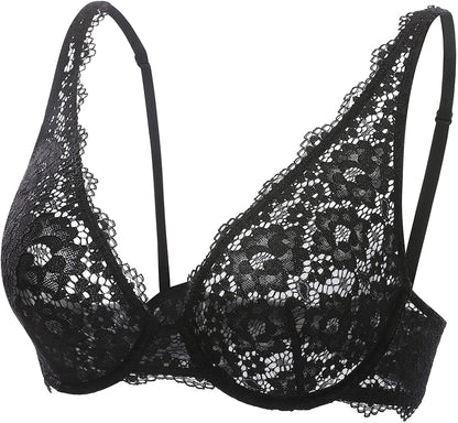 DOBREVA Women'S Lace Unlined Plunge Bra Underwire Bralette plus Size Sheer Full Coverage Bras Black / 36C