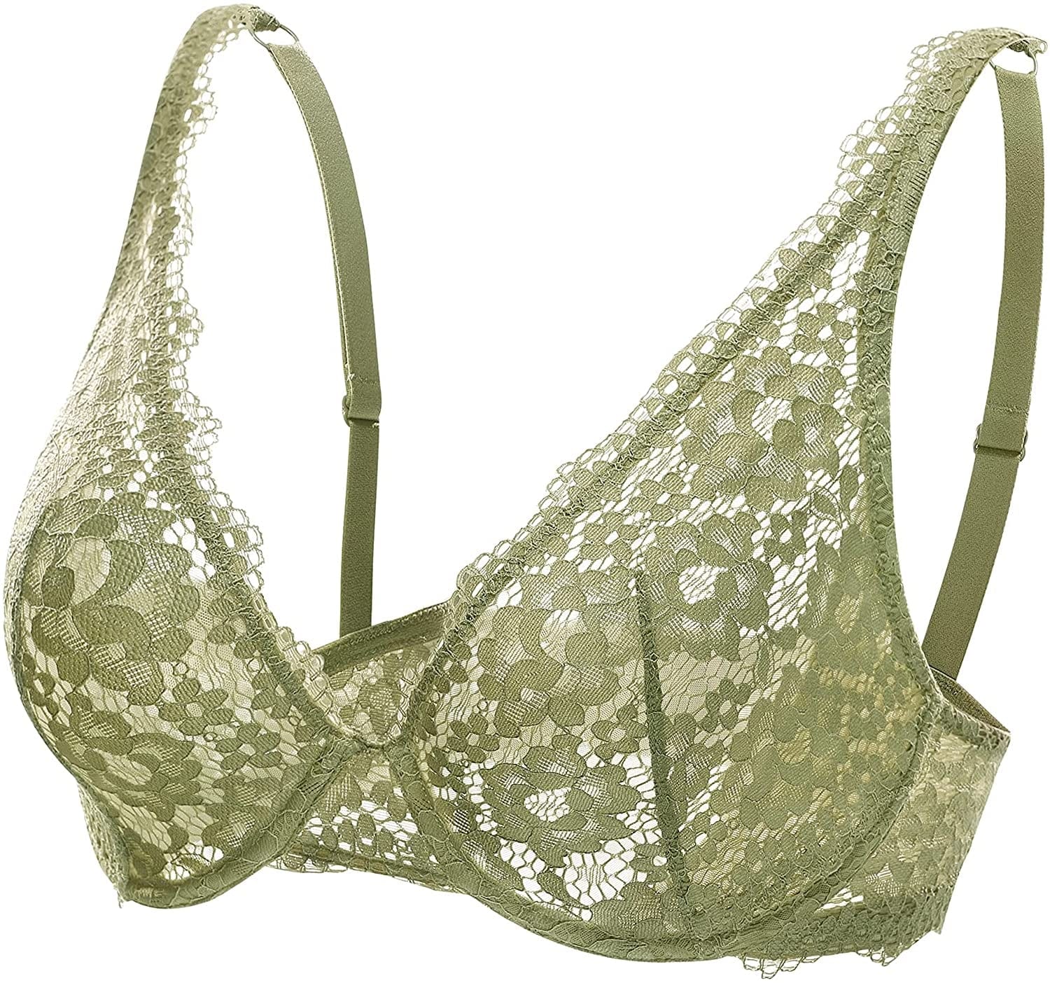 DOBREVA Women'S Lace Unlined Plunge Bra Underwire Bralette plus Size Sheer Full Coverage Bras Green / 38DD