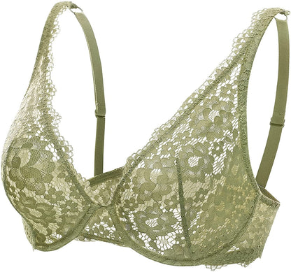 DOBREVA Women'S Lace Unlined Plunge Bra Underwire Bralette plus Size Sheer Full Coverage Bras Green / 38DD