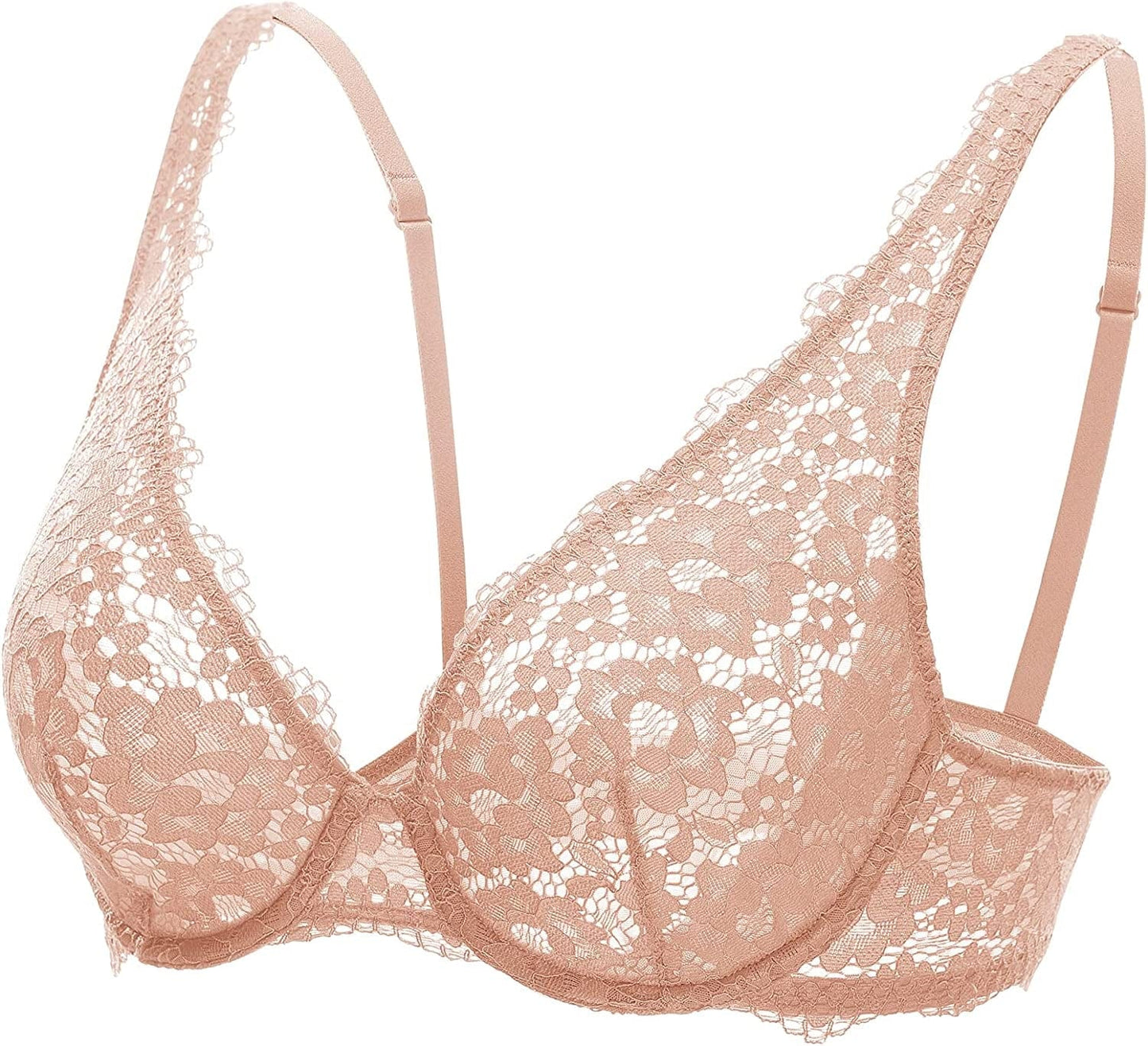 DOBREVA Women'S Lace Unlined Plunge Bra Underwire Bralette plus Size Sheer Full Coverage Bras Cream Coffee / 38D