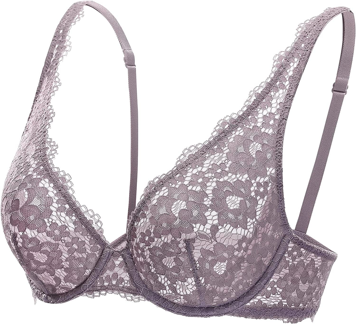 DOBREVA Women'S Lace Unlined Plunge Bra Underwire Bralette plus Size Sheer Full Coverage Bras Warm Iris / 38DD