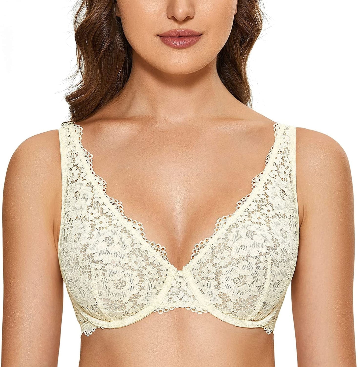 DOBREVA Women'S Lace Unlined Plunge Bra Underwire Bralette plus Size Sheer Full Coverage Bras Pearled Ivory / 36A