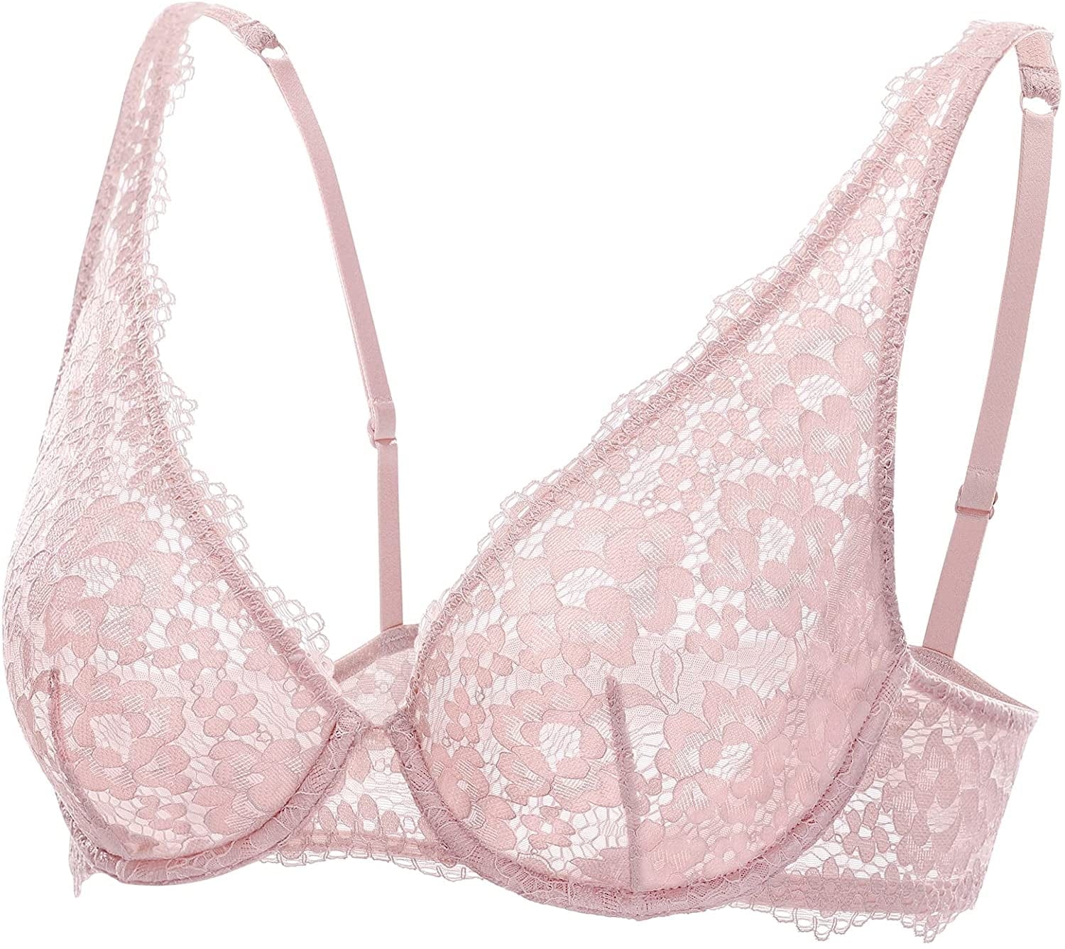 DOBREVA Women'S Lace Unlined Plunge Bra Underwire Bralette plus Size Sheer Full Coverage Bras Gentle Rose / 38D