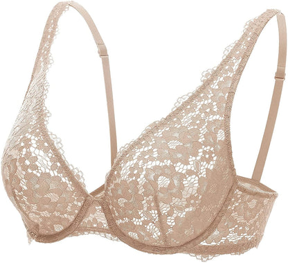 DOBREVA Women'S Lace Unlined Plunge Bra Underwire Bralette plus Size Sheer Full Coverage Bras Beige / 38D