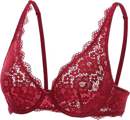 DOBREVA Women'S Lace Unlined Plunge Bra Underwire Bralette plus Size Sheer Full Coverage Bras Cerise / 32D