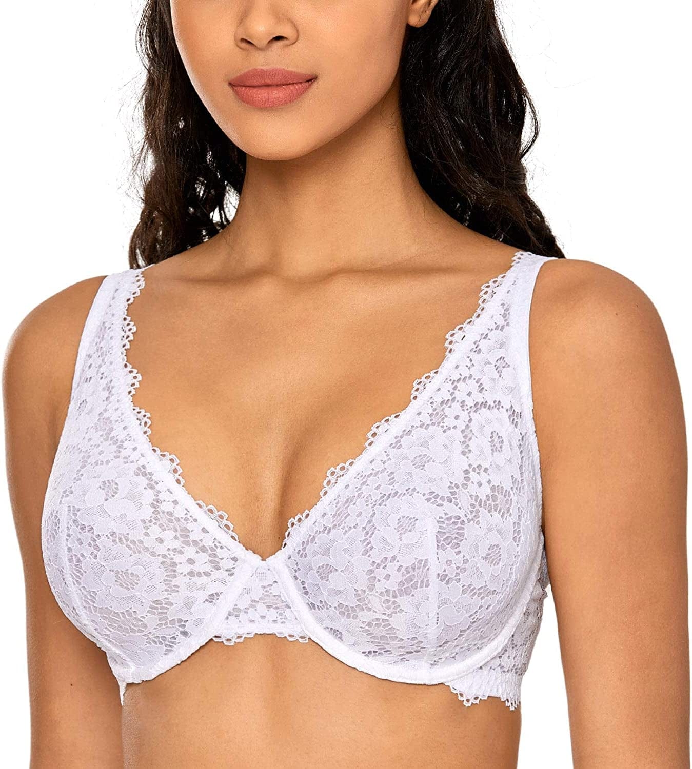 DOBREVA Women'S Lace Unlined Plunge Bra Underwire Bralette plus Size Sheer Full Coverage Bras White / 40DD