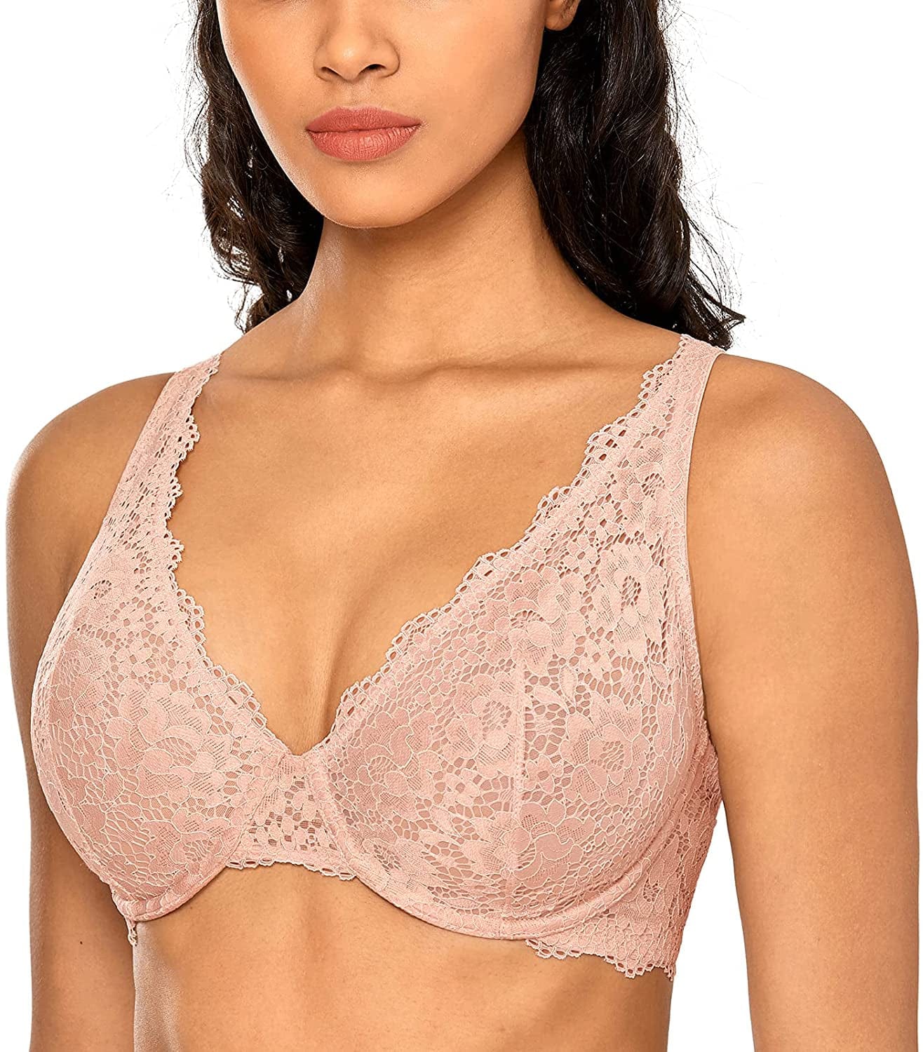 DOBREVA Women'S Lace Unlined Plunge Bra Underwire Bralette plus Size Sheer Full Coverage Bras