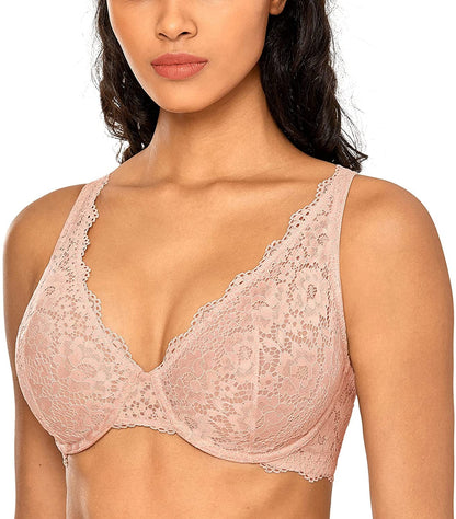 DOBREVA Women'S Lace Unlined Plunge Bra Underwire Bralette plus Size Sheer Full Coverage Bras