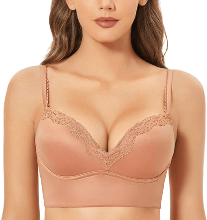 DOBREVA Women's Push Up Bra Wireless Padded Bralette Lace Longline Support Bras Cream Coffee / 38B