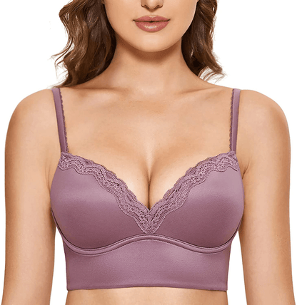 DOBREVA Women's Push Up Bra Wireless Padded Bralette Lace Longline Support Bras Orchid Rose / 34A