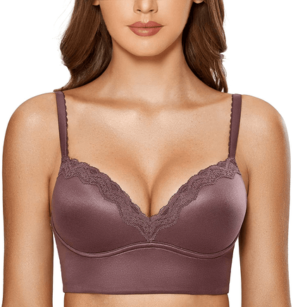 DOBREVA Women's Push Up Bra Wireless Padded Bralette Lace Longline Support Bras Marron / 38B
