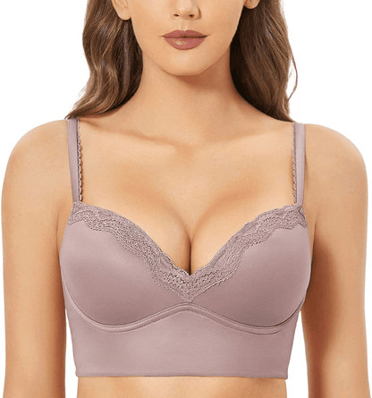 DOBREVA Women's Push Up Bra Wireless Padded Bralette Lace Longline Support Bras Warm Iris / 36D