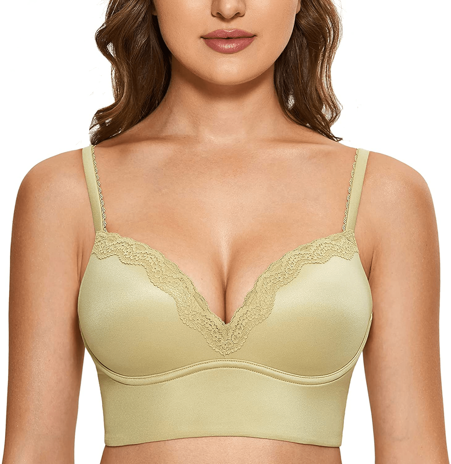 DOBREVA Women's Push Up Bra Wireless Padded Bralette Lace Longline Support Bras Citronella / 36C