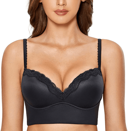 DOBREVA Women's Push Up Bra Wireless Padded Bralette Lace Longline Support Bras Black / 34B