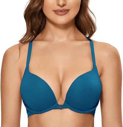 DOBREVA Women's Racerback Front Closure Push Up Lace Bra Tshirt Padded Plunge Bra Shadow Blue / 38DD