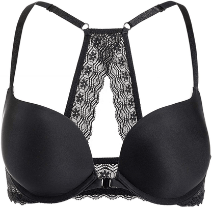 DOBREVA Women's Racerback Front Closure Push Up Lace Bra Tshirt Padded Plunge Bra Black / 36C