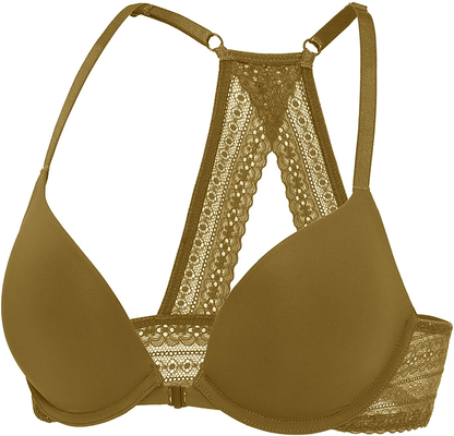 DOBREVA Women's Racerback Front Closure Push Up Lace Bra Tshirt Padded Plunge Bra