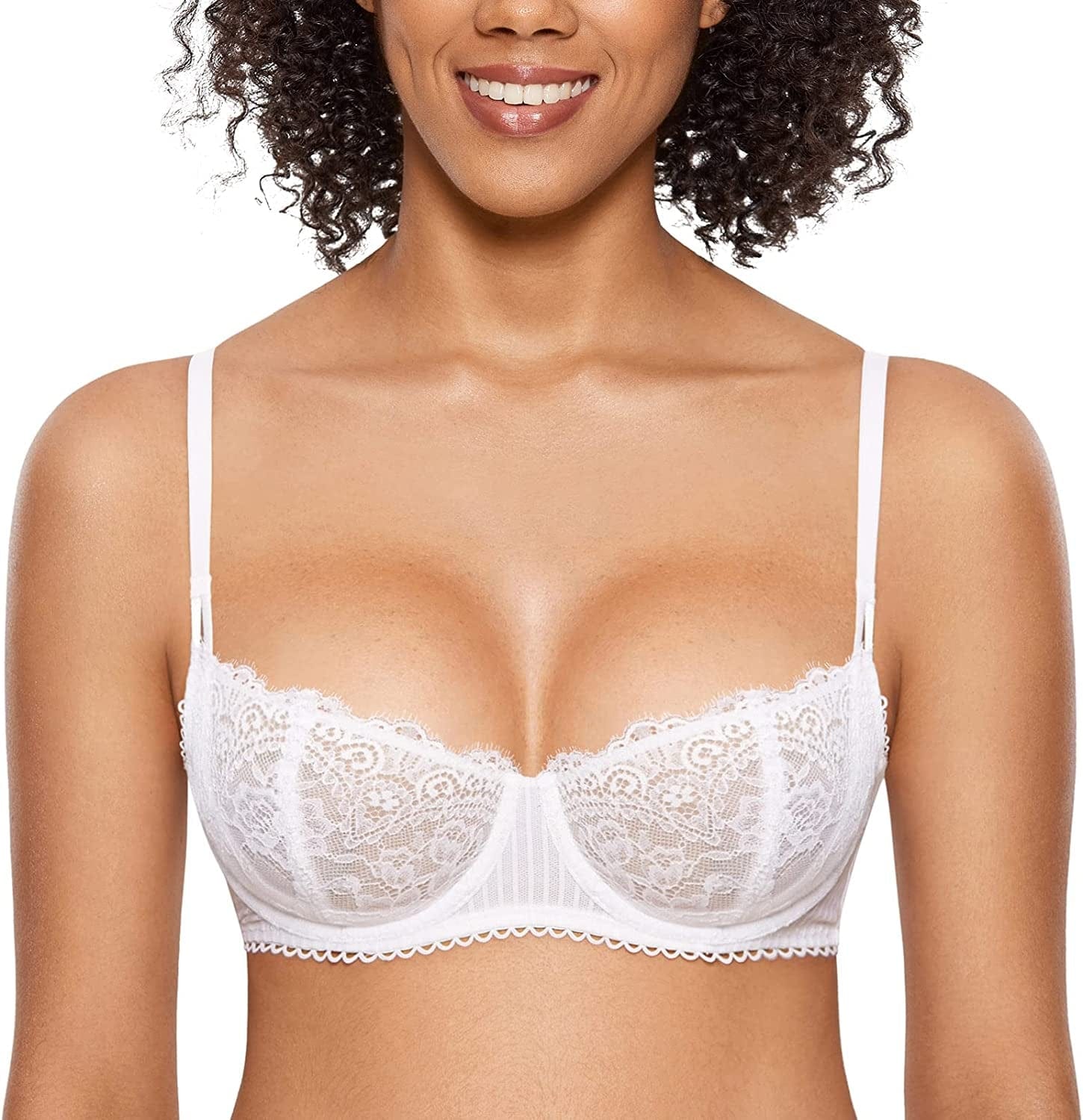 DOBREVA Women'S Sexy Lace Push up plus Size Bra Sheer Balconette Underwire Unlined White / 34B
