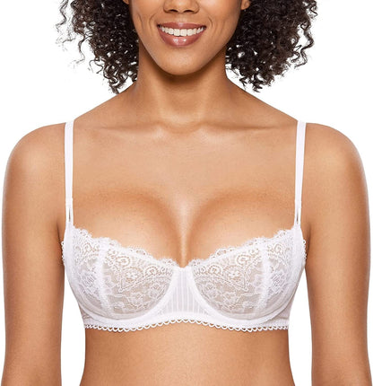 DOBREVA Women'S Sexy Lace Push up plus Size Bra Sheer Balconette Underwire Unlined White / 34B