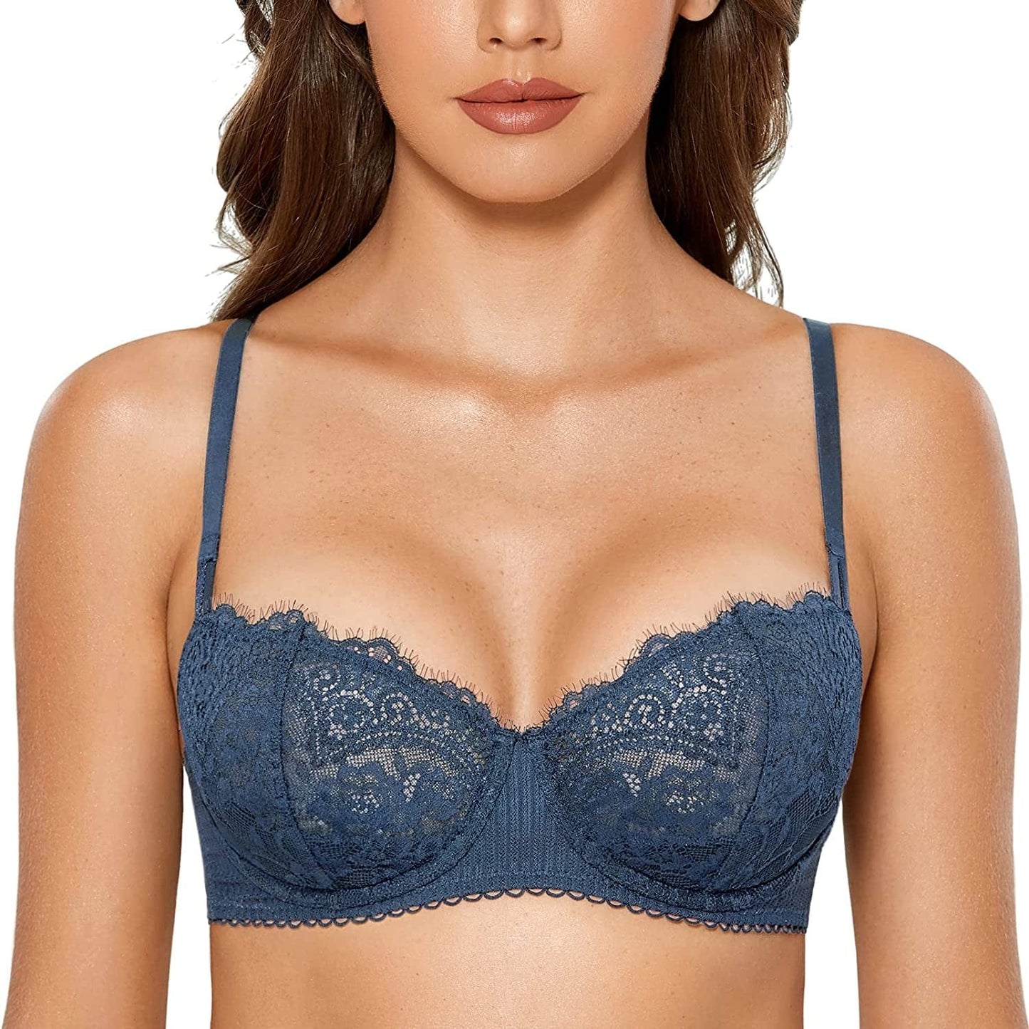 DOBREVA Women'S Sexy Lace Push up plus Size Bra Sheer Balconette Underwire Unlined Military Blue / 36B