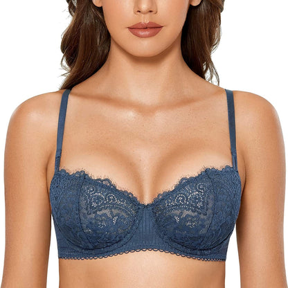 DOBREVA Women'S Sexy Lace Push up plus Size Bra Sheer Balconette Underwire Unlined Military Blue / 36B
