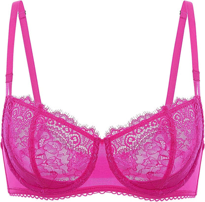 DOBREVA Women'S Sexy Lace Push up plus Size Bra Sheer Balconette Underwire Unlined Bright Fuchsia / 36C