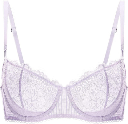 DOBREVA Women'S Sexy Lace Push up plus Size Bra Sheer Balconette Underwire Unlined Lilac_eyelash Lace / 34D