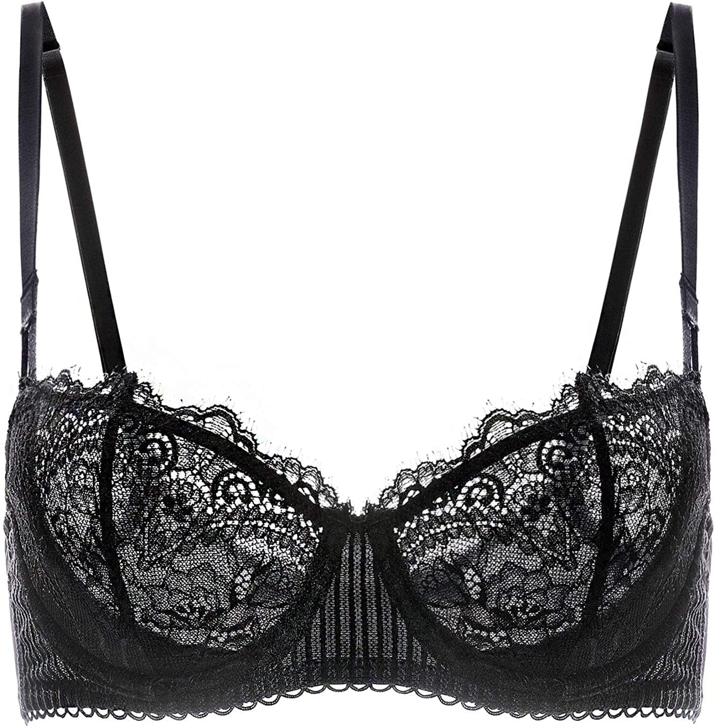DOBREVA Women'S Sexy Lace Push up plus Size Bra Sheer Balconette Underwire Unlined Black_eyelash Lace / 36B