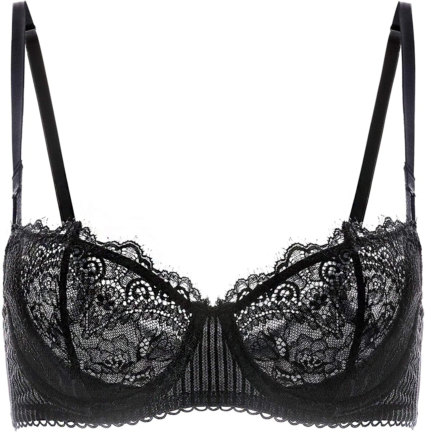 DOBREVA Women'S Sexy Lace Push up plus Size Bra Sheer Balconette Underwire Unlined Black_eyelash Lace / 36B