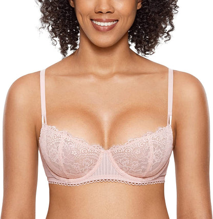 DOBREVA Women'S Sexy Lace Push up plus Size Bra Sheer Balconette Underwire Unlined Gentle Rose / 34B