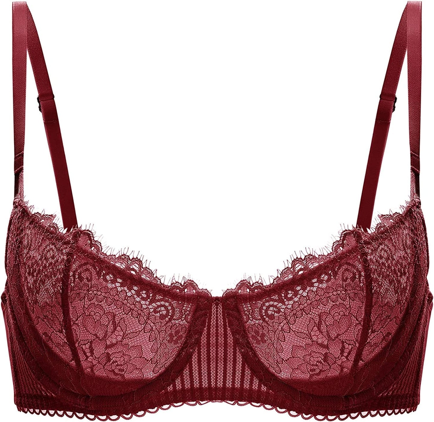 DOBREVA Women'S Sexy Lace Push up plus Size Bra Sheer Balconette Underwire Unlined Dark Red / 34C