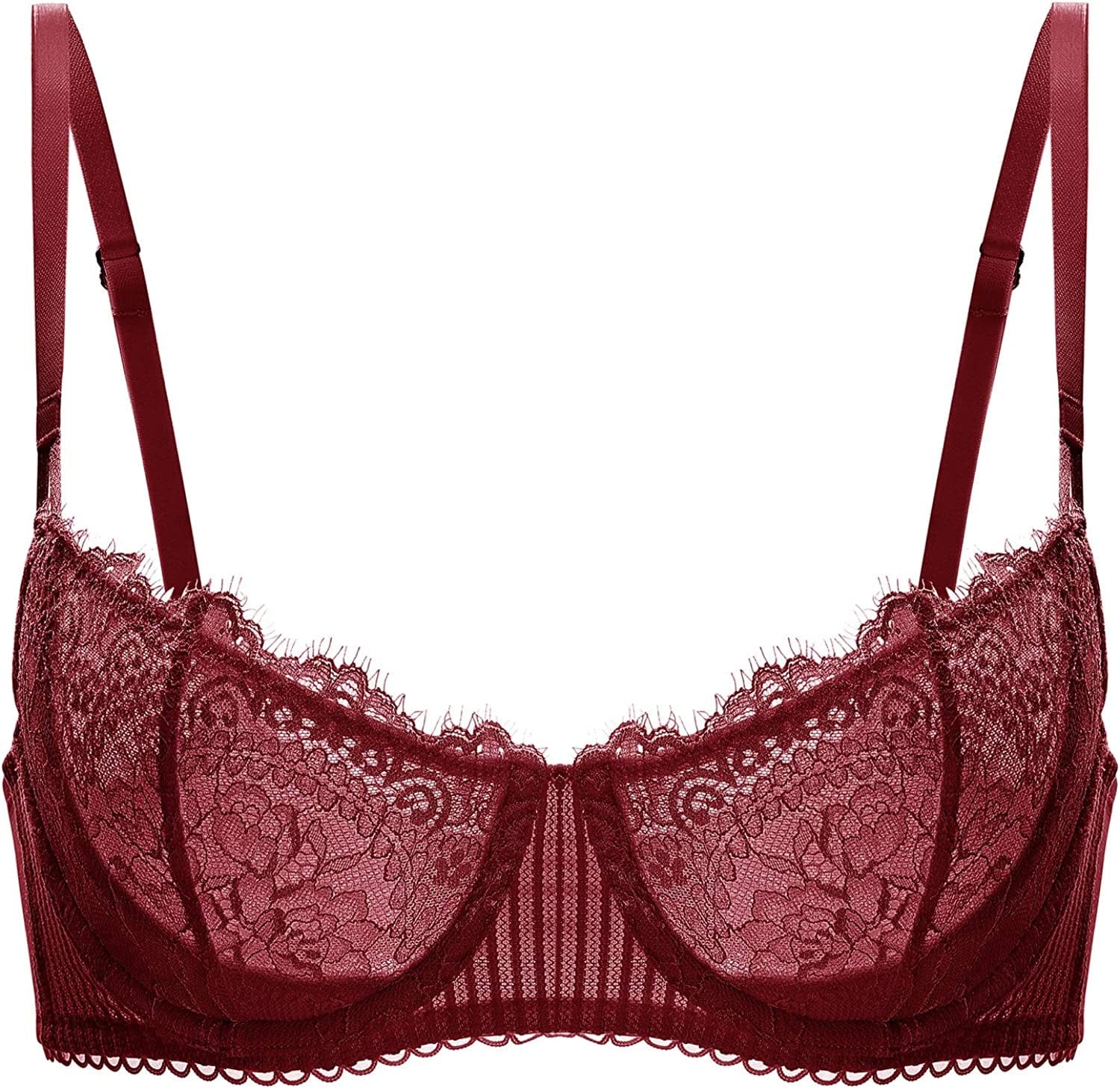 DOBREVA Women'S Sexy Lace Push up plus Size Bra Sheer Balconette Underwire Unlined Dark Red / 34C