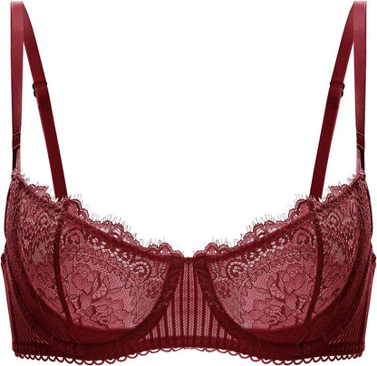 DOBREVA Women'S Sexy Lace Push up plus Size Bra Sheer Balconette Underwire Unlined Dark Red / 34C