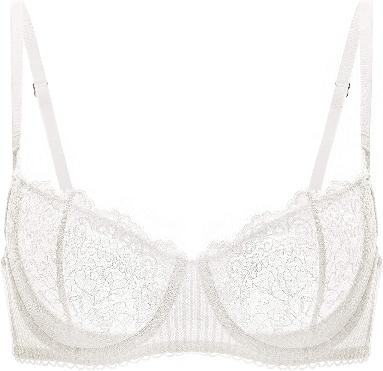 DOBREVA Women'S Sexy Lace Push up plus Size Bra Sheer Balconette Underwire Unlined Ivory_eyelash Lace / 36B