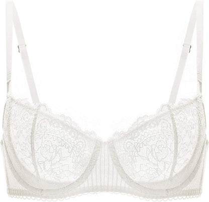 DOBREVA Women'S Sexy Lace Push up plus Size Bra Sheer Balconette Underwire Unlined Ivory_eyelash Lace / 36B