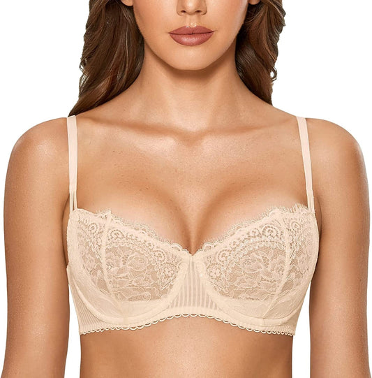 DOBREVA Women'S Sexy Lace Push up plus Size Bra Sheer Balconette Underwire Unlined Beige / 36C