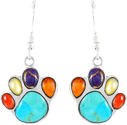 Dog Paw Earrings in Sterling Silver & Genuine Turquoise & Gemstones Multicolor