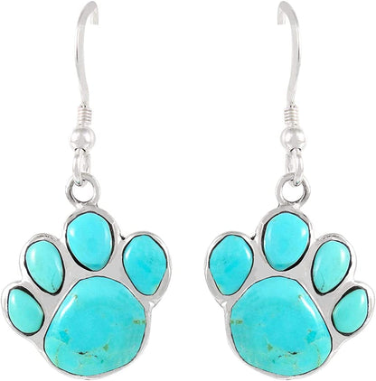 Dog Paw Earrings in Sterling Silver & Genuine Turquoise & Gemstones Turquoise
