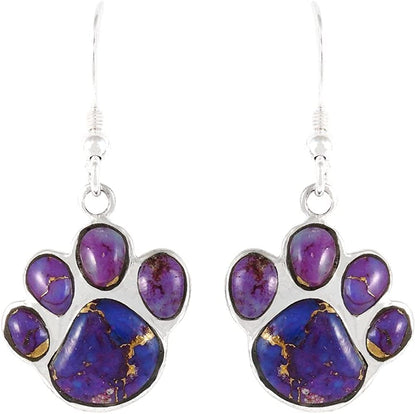 Dog Paw Earrings in Sterling Silver & Genuine Turquoise & Gemstones Purple Turquoise
