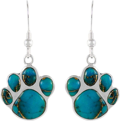 Dog Paw Earrings in Sterling Silver & Genuine Turquoise & Gemstones Teal/Matrix Turquoise