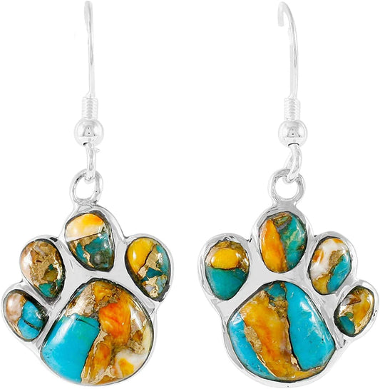 Dog Paw Earrings in Sterling Silver & Genuine Turquoise & Gemstones Spiny Turquoise