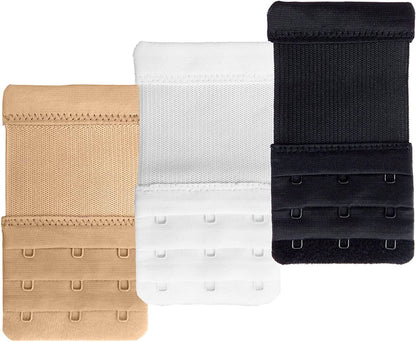 Dohope Elastic Back Bra Band Extender 3 X 3 Hook and Eye Tape Stretchy Extension 3pcs/Pack (Black White Beige, Hook Center Size 3/4")