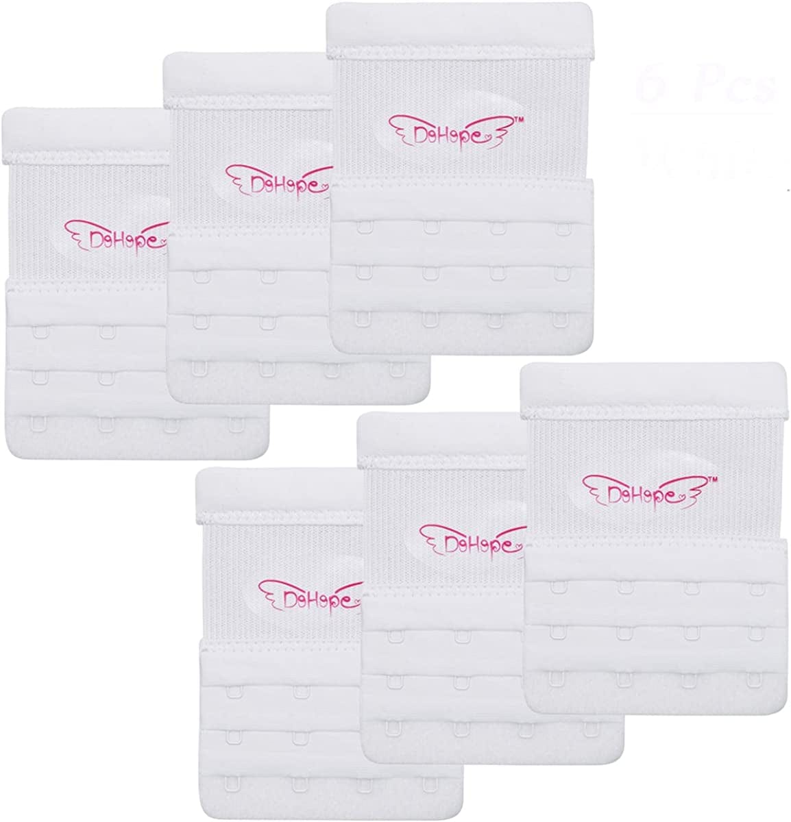 Dohope Elastic Back Bra Extender 4 Hook 3 Row 3/4" Stretchy Extension Tape Multi Color 6pcs White