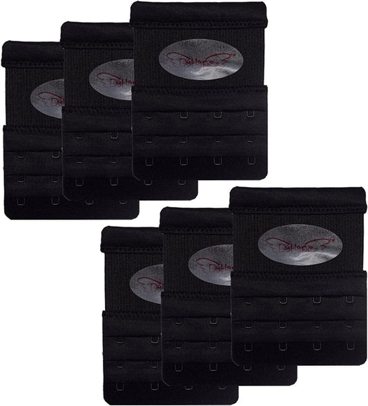 Dohope Elastic Back Bra Extender 4 Hook 3 Row 3/4" Stretchy Extension Tape Multi Color 6pcs Black